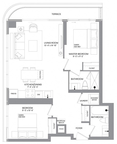 a floor plan of a small house with two bedrooms and a bathroom